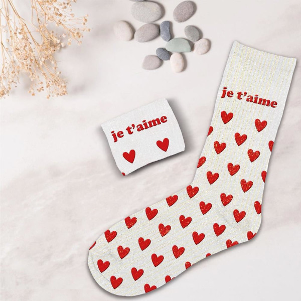 Chaussettes - Femme - Beige avec paillettes - Je t'aime - Taille 36/42 - Humour - Cadeau