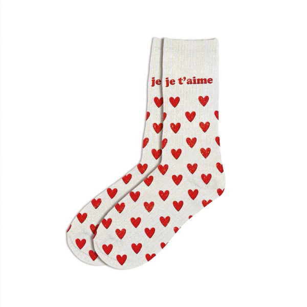 photo-Chaussettes - Femme - Beige avec paillettes - Je t'aime - Taille 36/42 - Humour - Cadeau