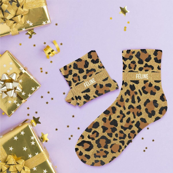 Chaussettes - Femme - Léopard avec paillettes - Féline - Taille 36/42 - Humour - Cadeau