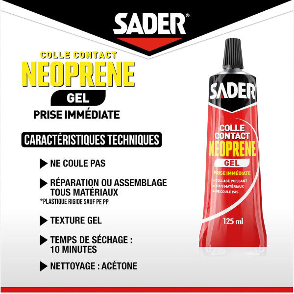 Colle - Extra-forte - Néoprène - Gel - Tous matériaux - Puissant - Sader - 125ml
