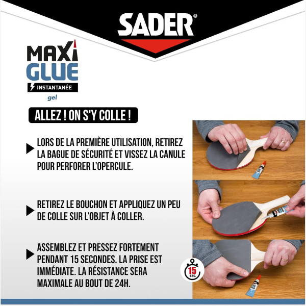 Colle extra forte - Transparente - Gel - Instantanée - Tous matériaux - Sader