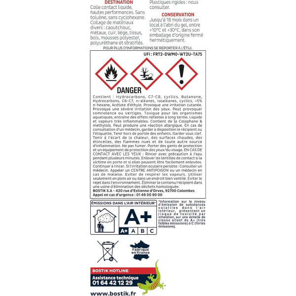 Colle contact - Liquide - Néoprène - Durcisseur incorporé - Prise immédiate - Bostik 1400 - 1L