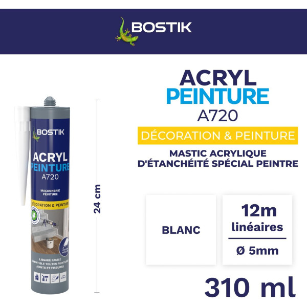 Mastic - Spécial peinture - Acrylique - Intérieur - Blanc - Joints et fissures - Bostik - 310ml