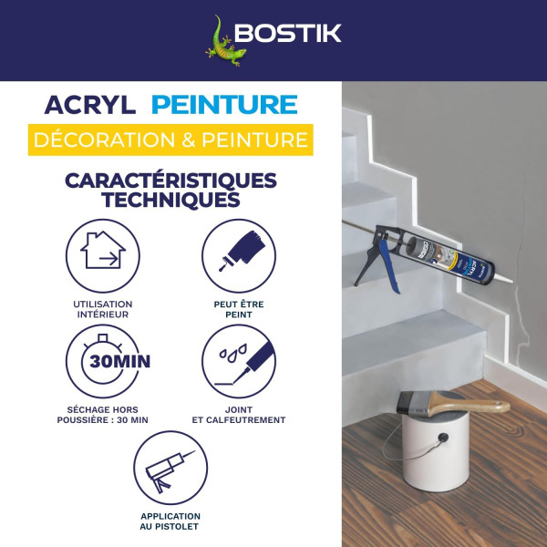 Mastic - Spécial peinture - Acrylique - Intérieur - Blanc - Joints et fissures - Bostik - 310ml