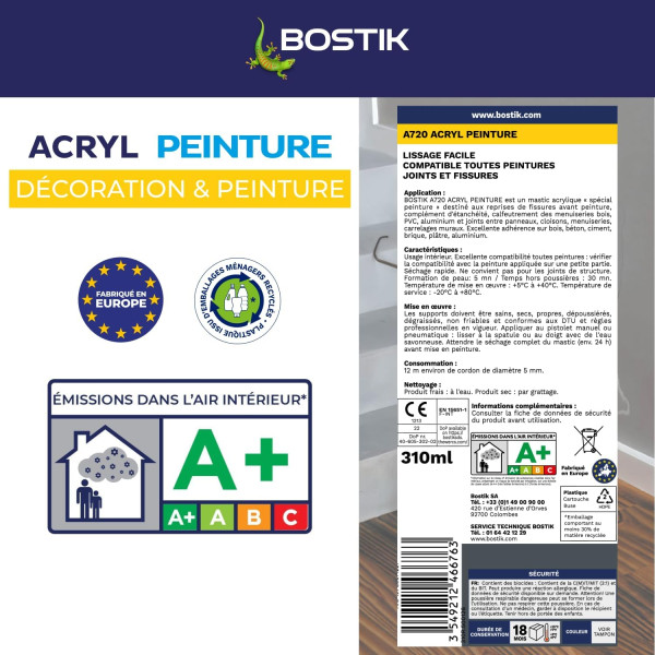 Mastic - Spécial peinture - Acrylique - Intérieur - Blanc - Joints et fissures - Bostik - 310ml