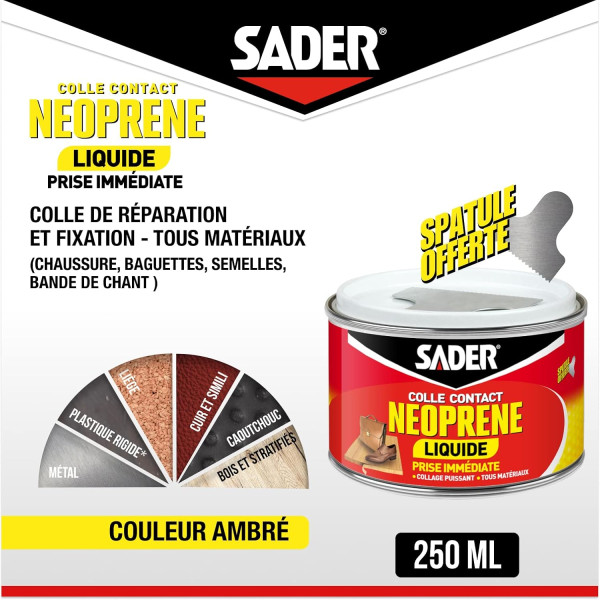 Colle contact - Liquide - Néoprène - Prise immédiate - Puissant - Tous matériaux - Sader