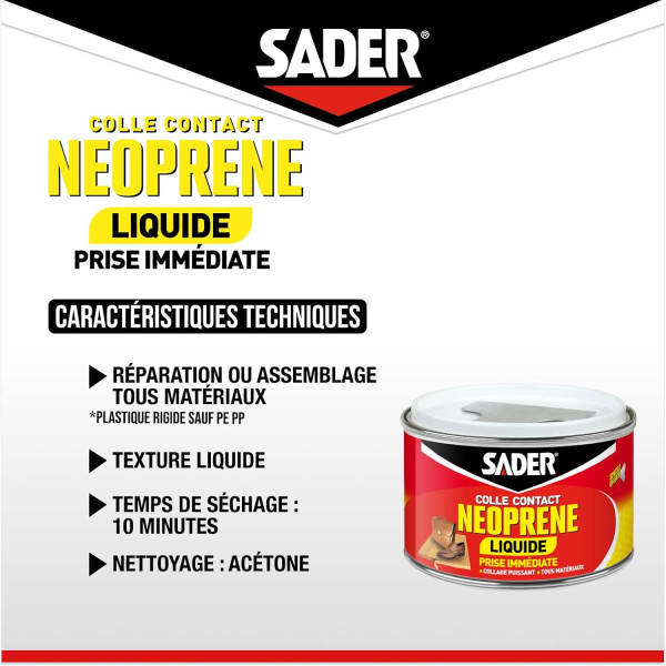 Colle contact - Liquide - Néoprène - Prise immédiate - Puissant - Tous matériaux - Sader
