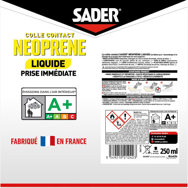 Colle contact - Liquide - Néoprène - Prise immédiate - Puissant - Tous matériaux - Sader