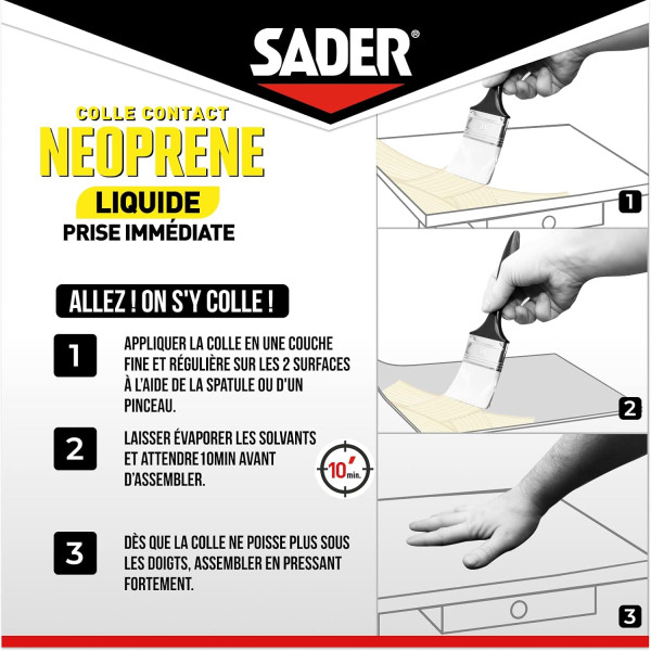 Colle contact - Liquide - Néoprène - Prise immédiate - Puissant - Tous matériaux - Sader