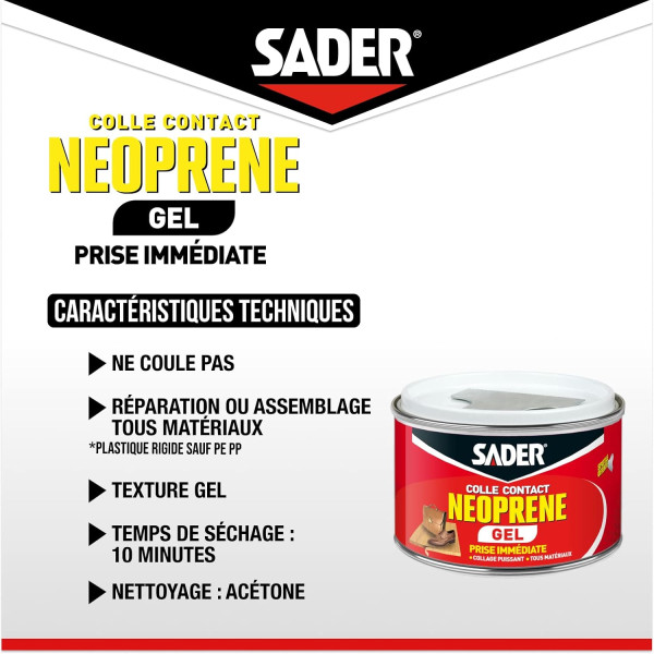 Colle contact - Gel - Néoprène - Prise immédiate - Puissant - Tous matériaux - Sader