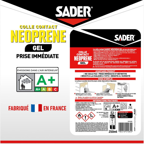 Colle contact - Gel - Néoprène - Prise immédiate - Puissant - Tous matériaux - Sader