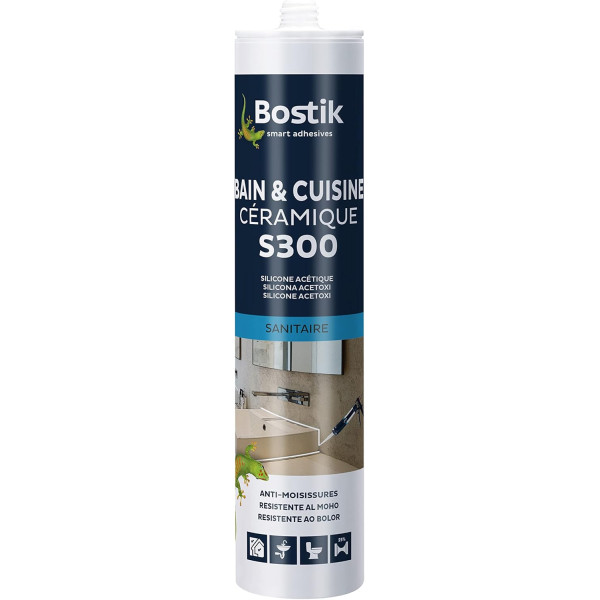 photo-Mastic - Salle de bain/Cuisine - Céramique - Blanc - Silicone - Anti-moisissures - Bostik S300