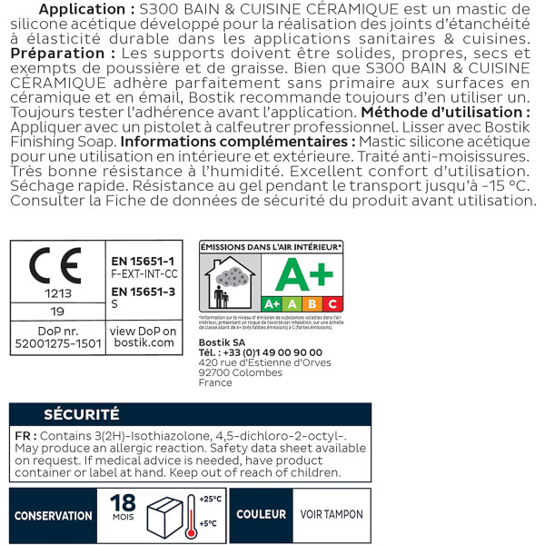 Mastic - Salle de bain/Cuisine - Céramique - Blanc - Silicone - Anti-moisissures - Bostik S300