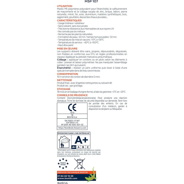 Mastic - Blanc - Fixation et étanchéité - Multi matériaux - Intérieur/extérieur - Bostik