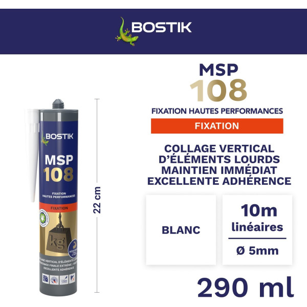Mastic - Blanc - Fixation haute performance - Sans solvant et isocyanate - Bostik MSP 108