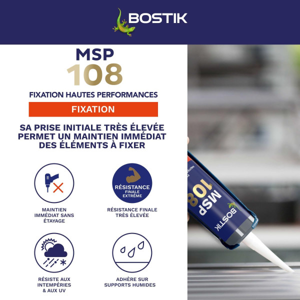 Mastic - Blanc - Fixation haute performance - Sans solvant et isocyanate - Bostik MSP 108