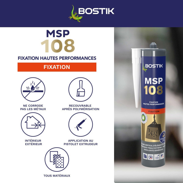 Mastic - Blanc - Fixation haute performance - Sans solvant et isocyanate - Bostik MSP 108