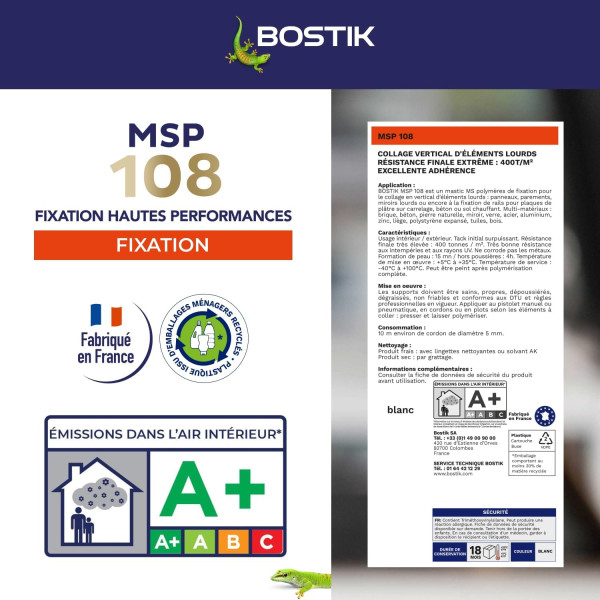 Mastic - Blanc - Fixation haute performance - Sans solvant et isocyanate - Bostik MSP 108