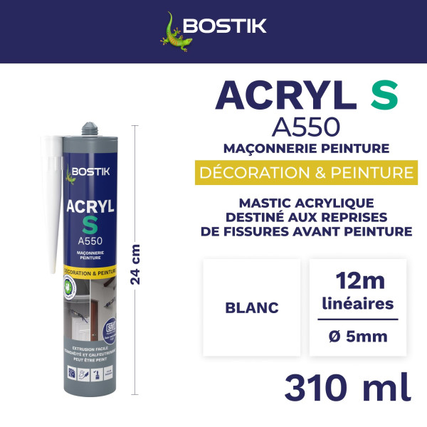 Mastic - Blanc - Etanchéité et calfeutrage - Intérieur/extérieur - Tous matériaux - Bostik Acryl S A550