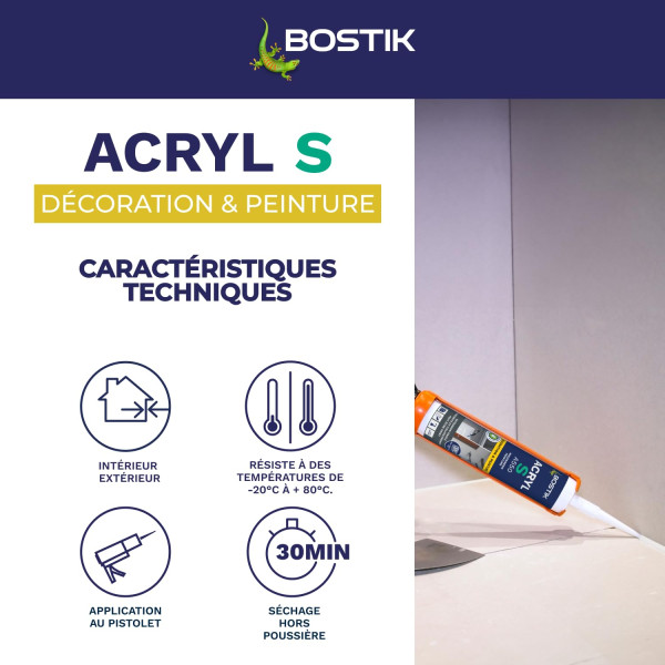 Mastic - Blanc - Etanchéité et calfeutrage - Intérieur/extérieur - Tous matériaux - Bostik Acryl S A550