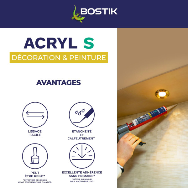 Mastic - Blanc - Etanchéité et calfeutrage - Intérieur/extérieur - Tous matériaux - Bostik Acryl S A550