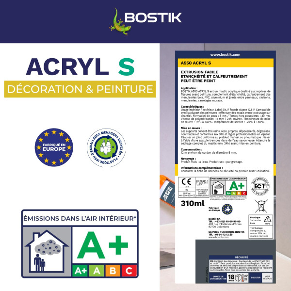 Mastic - Blanc - Etanchéité et calfeutrage - Intérieur/extérieur - Tous matériaux - Bostik Acryl S A550