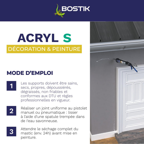 Mastic - Blanc - Etanchéité et calfeutrage - Intérieur/extérieur - Tous matériaux - Bostik Acryl S A550