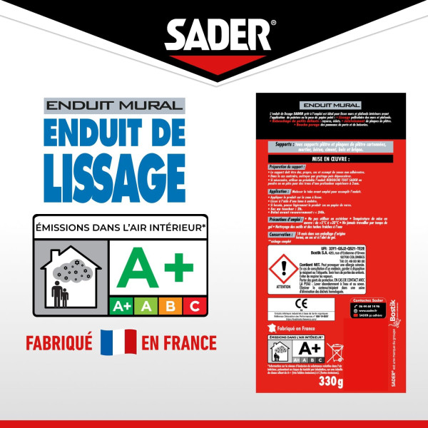 Enduit de lissage - Avant peinture ou tapisserie - Rebouchage - Blanc - Sader