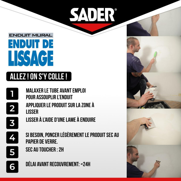 Enduit de lissage - Avant peinture ou tapisserie - Rebouchage - Blanc - Sader