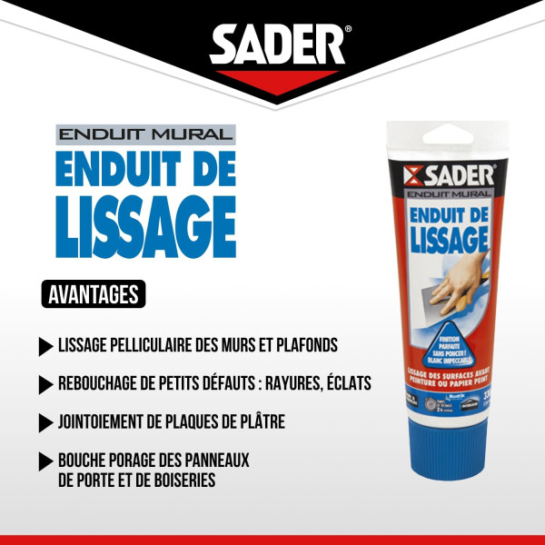 Enduit de lissage - Avant peinture ou tapisserie - Rebouchage - Blanc - Sader
