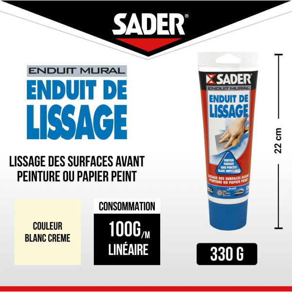 Enduit de lissage - Avant peinture ou tapisserie - Rebouchage - Blanc - Sader