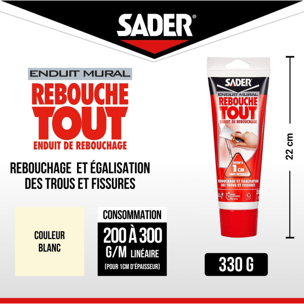 Enduit de rebouchage - Trous et fissures - Mural - Séchage rapide - Sader