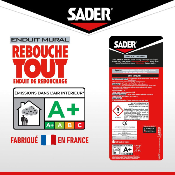 Enduit de rebouchage - Trous et fissures - Mural - Séchage rapide - Sader