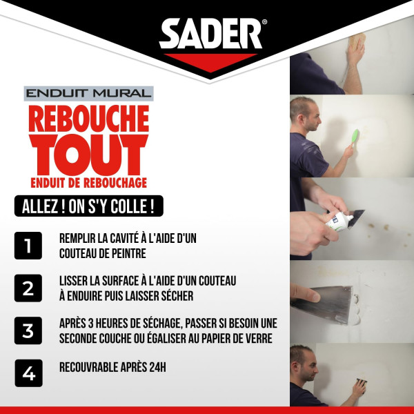 Enduit de rebouchage - Trous et fissures - Mural - Séchage rapide - Sader