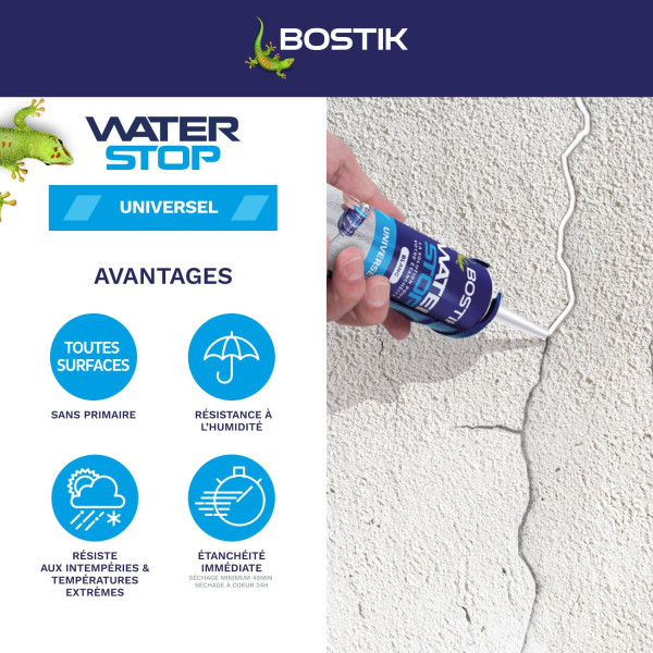 Mastic - Etanchéité - Blanc - Réparation fuites, fissures, infiltrations - Bostik Waterstop