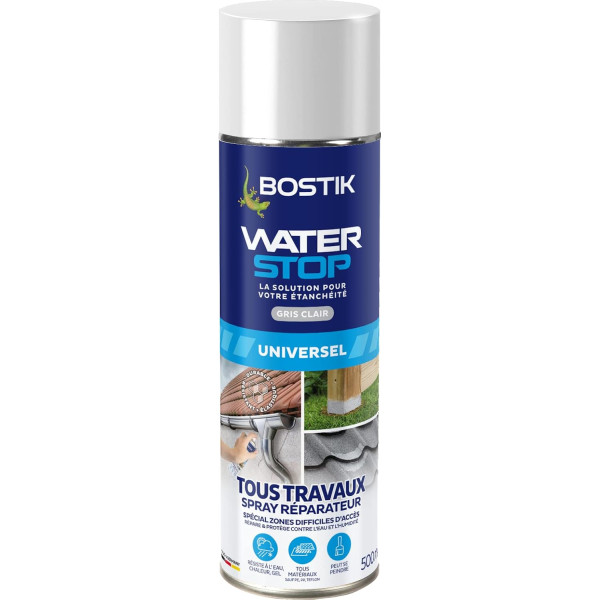 photo-Mastic - Etanchéité - Gris clair - Tous travaux - Résistant - Spray 500ml - Bostik Waterstop