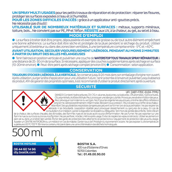 Mastic - Etanchéité - Gris clair - Tous travaux - Résistant - Spray 500ml - Bostik Waterstop