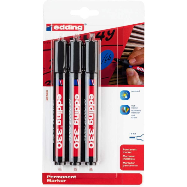 Marqueurs - Noir - Indélébile - Permanent - Mine biseautée 1-5mm - Lot de 3 - Edding 330