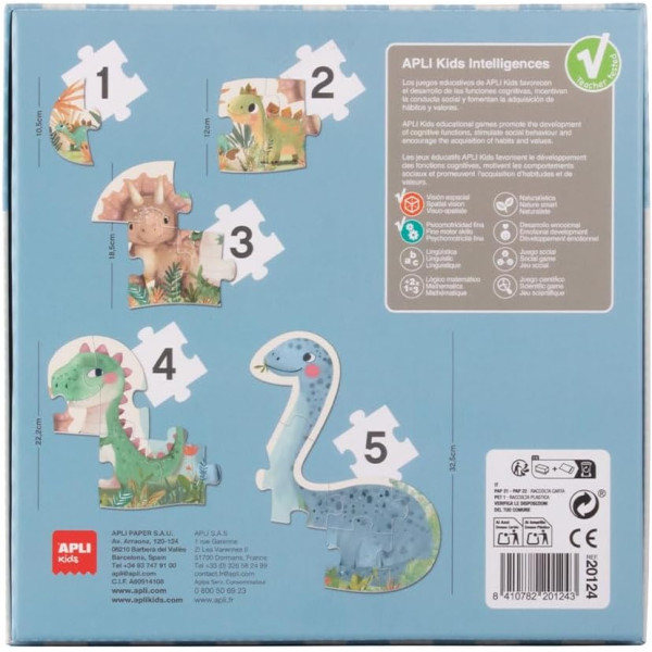 Puzzle - Educatif - Dès 2 ans - 5 modèles - Dinosaures - 1/2/3/4/5 pièces - Apli Kids