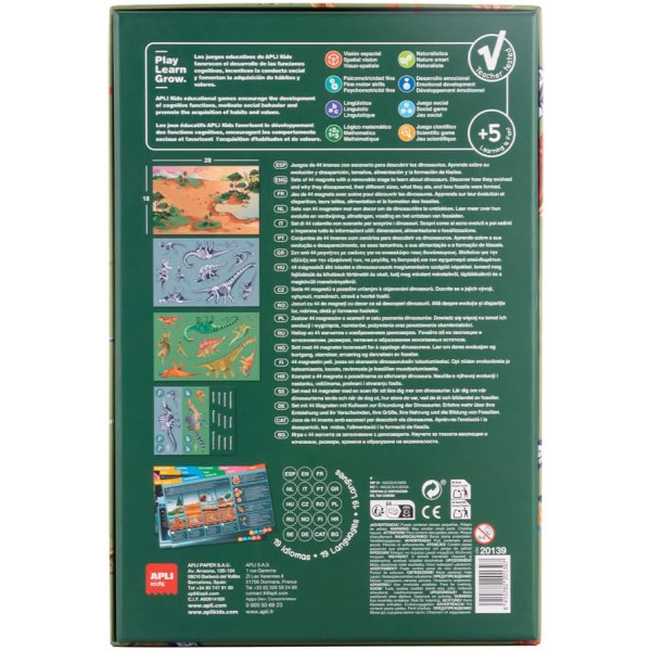 Jeu éducatif - Magnets - Dinosaures - 44 aimants + scène + fiches explicatives - Dès 5 ans - Apli Kids