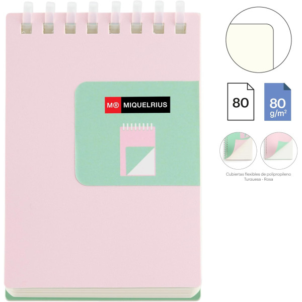 Bloc notes - A7 - 75x105mm - 80 pages blanches - Spirales - Rose/Turquoise - Miquelrius