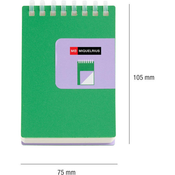 Bloc notes - A7 - 75x105mm - 80 pages blanches - Spirales - Vert/Violet - Miquelrius