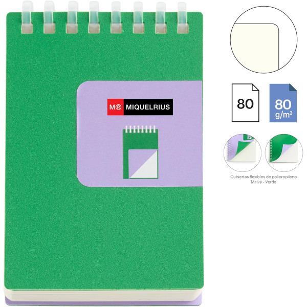 Bloc notes - A7 - 75x105mm - 80 pages blanches - Spirales - Vert/Violet - Miquelrius
