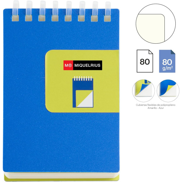Bloc notes - A7 - 75x105mm - 80 pages blanches - Spirales - Bleu/Vert - Miquelrius