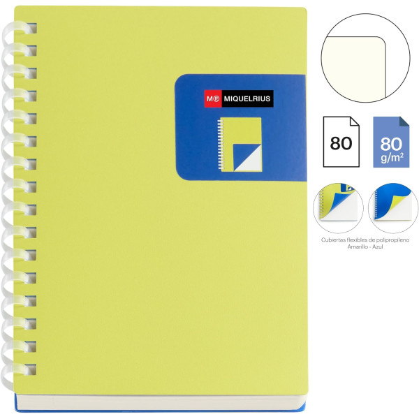 Carnet - A6 - 106x145mm - 80 pages blanches - Spirales - Jaune/Bleu - Miquelrius