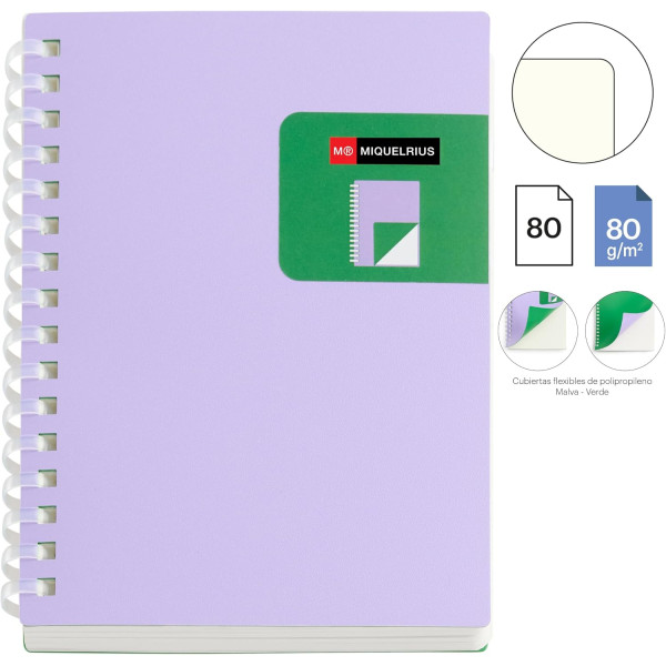 Carnet - A6 - 106x145mm - 80 pages blanches - Spirales - Violet/Vert - Miquelrius