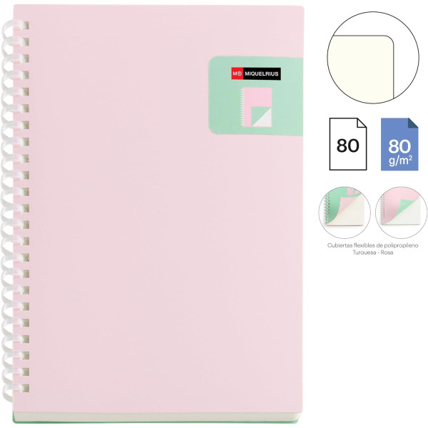 Carnet - A5 - 146x210mm - 80 pages blanches - Spirales - Rose/Turquoise - Miquelrius
