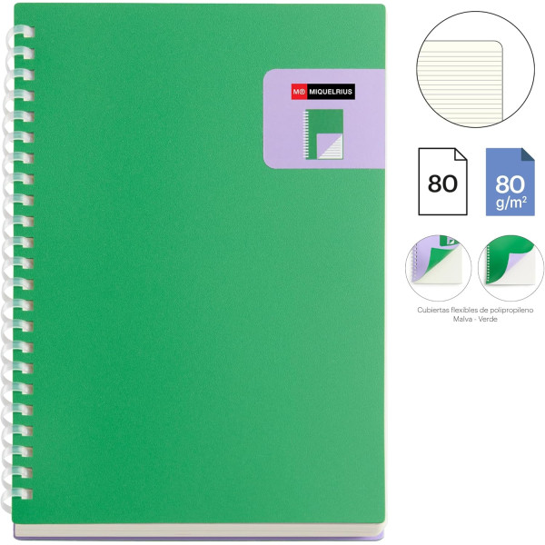 Carnet - A5 - 146x210mm - 80 pages lignées - Spirales - Vert/Violet - Miquelrius