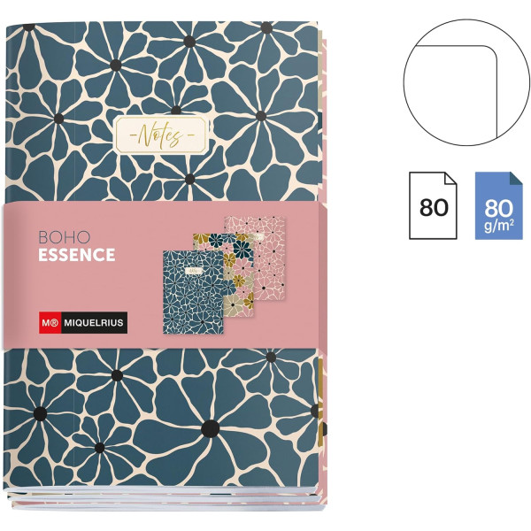 Carnets - A6 - 10,5x14,5cm - 3 modèles - 80 pages blanches - Modèle Boho - Miquelrius