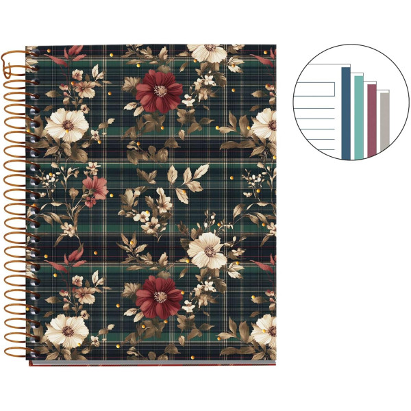 Carnet - A6 - 10,5x14,8cm - Spirale - 100 pages lignées - Tartan fleuri - Miquelrius